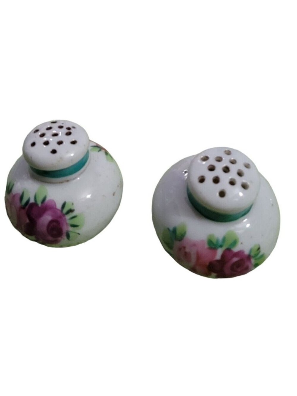 Porcelain Salt Pepper Shakers White Red Pink Roses Green Neck Banding Corks Vtg